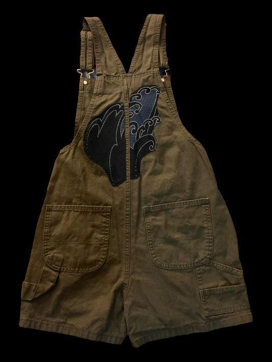 Women’s olive denim shortalls - little wave